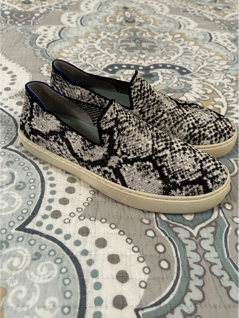 Rothy's Women's Slip-On Sneakers in Black and White Snake Print, Size 8.5